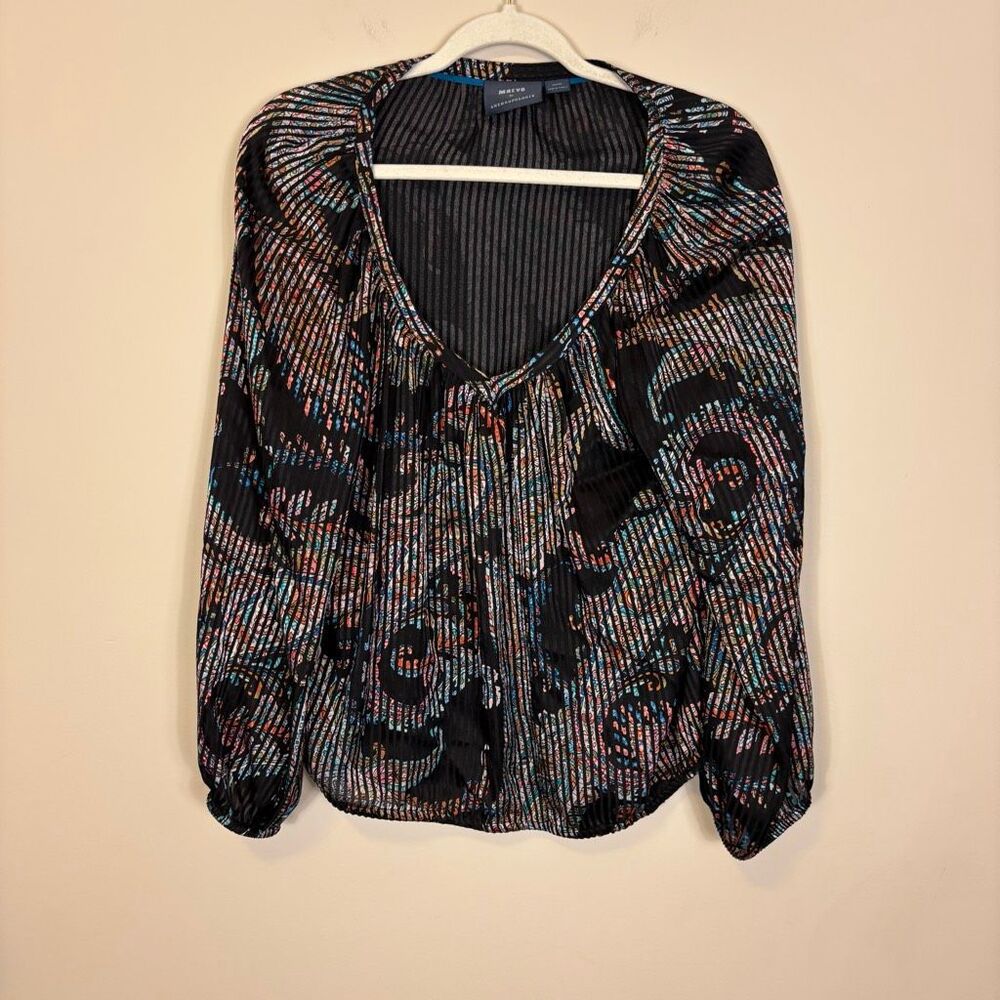 Maeve Black Madeira Long Sleeve Elastic Hem Burnout Satin Blouse Top Medium